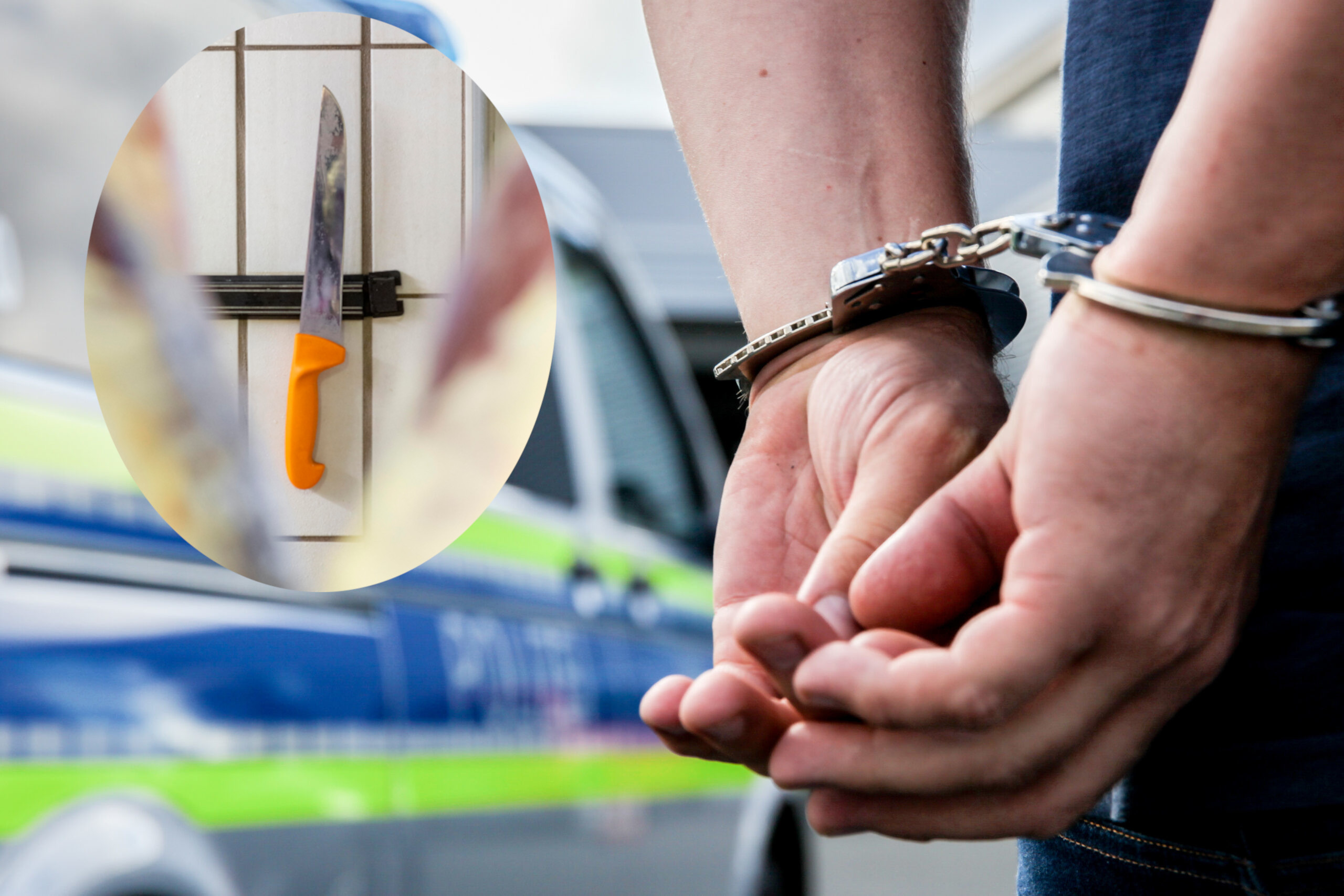 Ein Fleischermesser und ein Mann in Handschellen