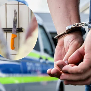 Ein Fleischermesser und ein Mann in Handschellen