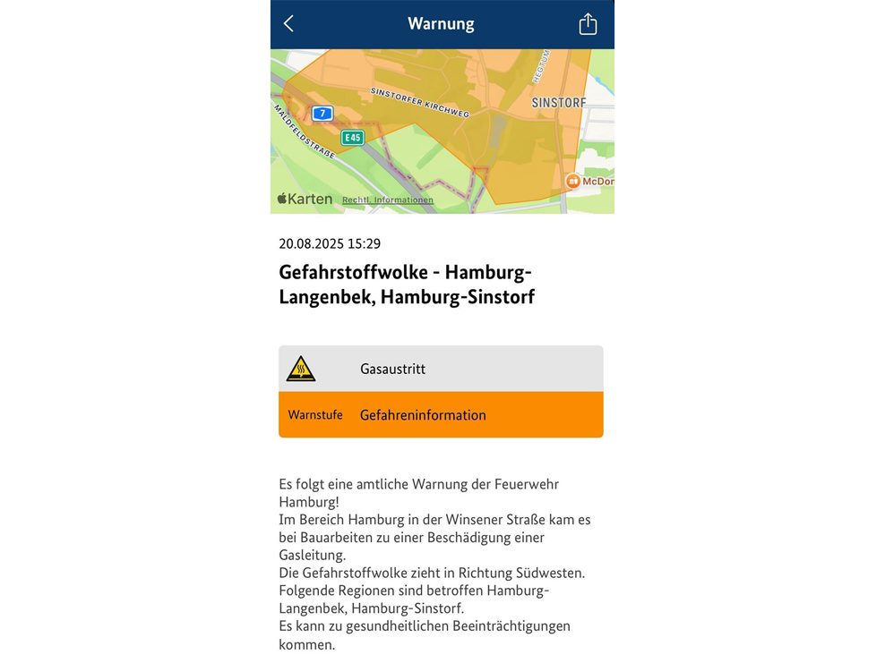 Eine amtliche Warnung der Feuerwehr wurde herausgegeben.