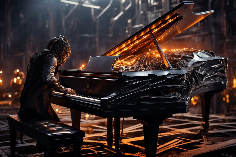 KI-Bild eines Pianisten an einem Metallflügel