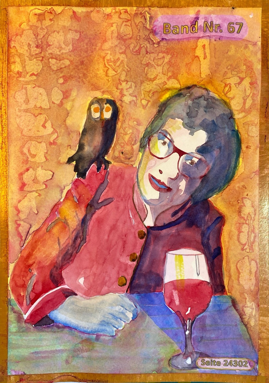 Das Gemälde einer Frau mit einer Eule auf ihrer Schulter.