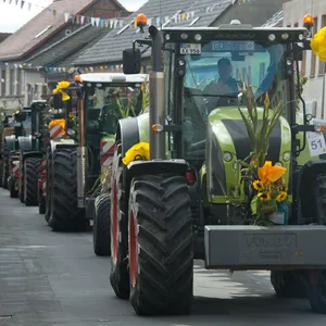 Geschmückte Landwirtschaftsfahrzeuge bei einem Erntedankfest in Mecklenburg-Vorpommern (Archivbild).