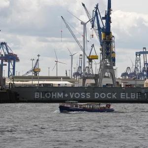 Das Dock Elbe 17 der Werft Blohm + Voss ist im Hamburger Hafen zu sehen.