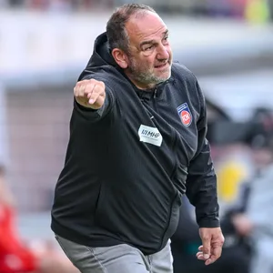 Frank Schmidt gestikuliert bei einem Spiel des 1. FC Heidenheim