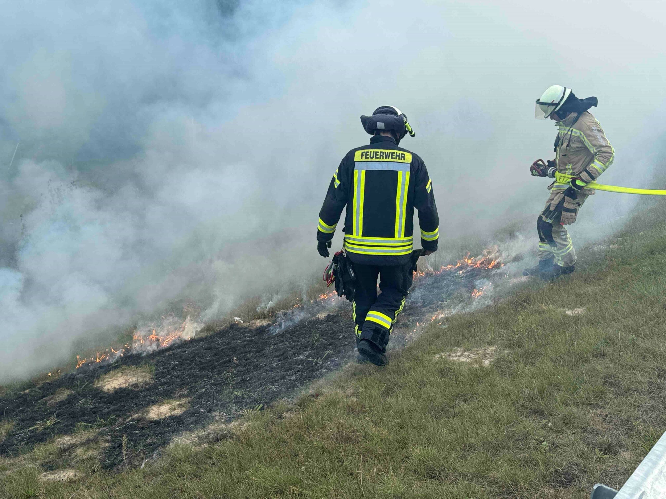 Feuerwehrleute stehen von verkohltem und noch brennendem Gras.