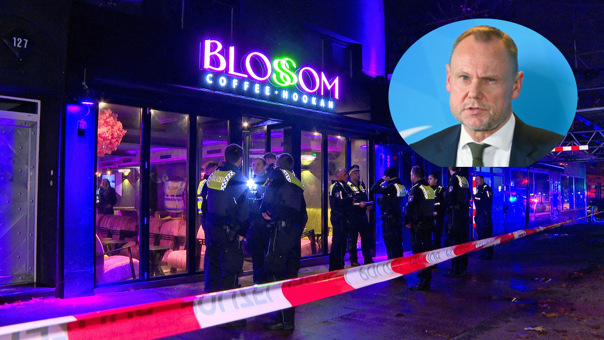 Die Hamburger Shisha-Bar „Blossom“ mit Polizei und ei Bild des Innensenators Andy Grote.