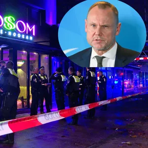 Die Hamburger Shisha-Bar „Blossom“ mit Polizei und ei Bild des Innensenators Andy Grote.