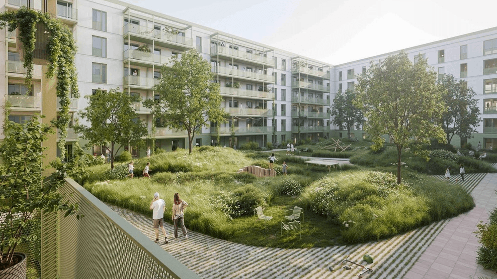 Begrünte Innenhöfe, Spielplätze und eine Tiefgarage mit Ladepunkten sind geplant.