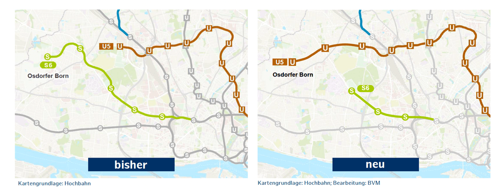 Die U5 wird im Westen um zwei Haltestellen Richtung Osdorf und Lurup erweitert. Die S6 endet schon vorzeitig in der Science City.