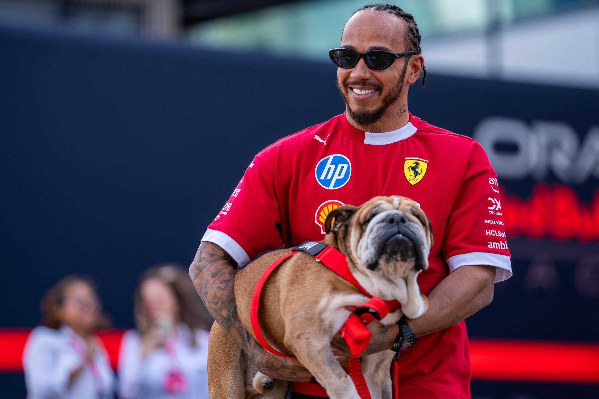 Lewis Hamilton hält seinen Hund Roscoe im Arm