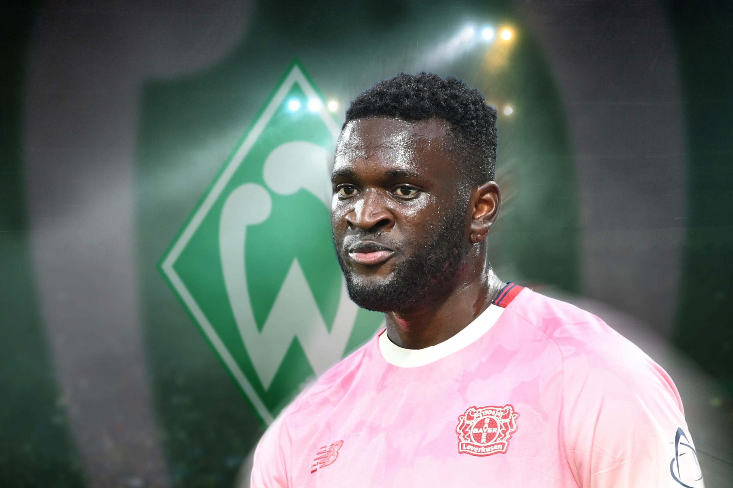Bildmontage von Victor Boniface im Leverkusen-Trikot vor Werder-Logo