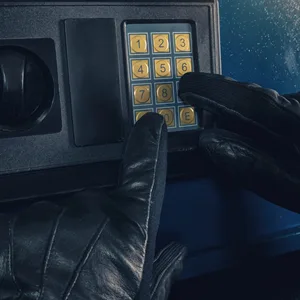 Ein Einbrecher gibt einen Code in einen Tresor ein.