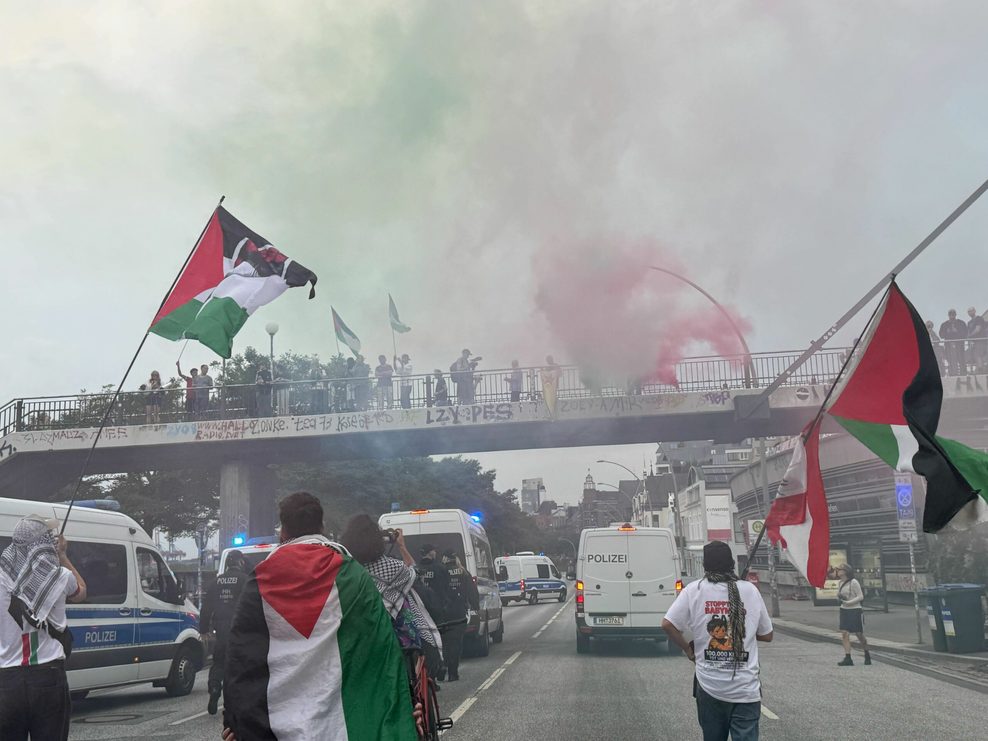 An den Landungsbrücken legt sich grün-roter Rauch über die Demonstration.