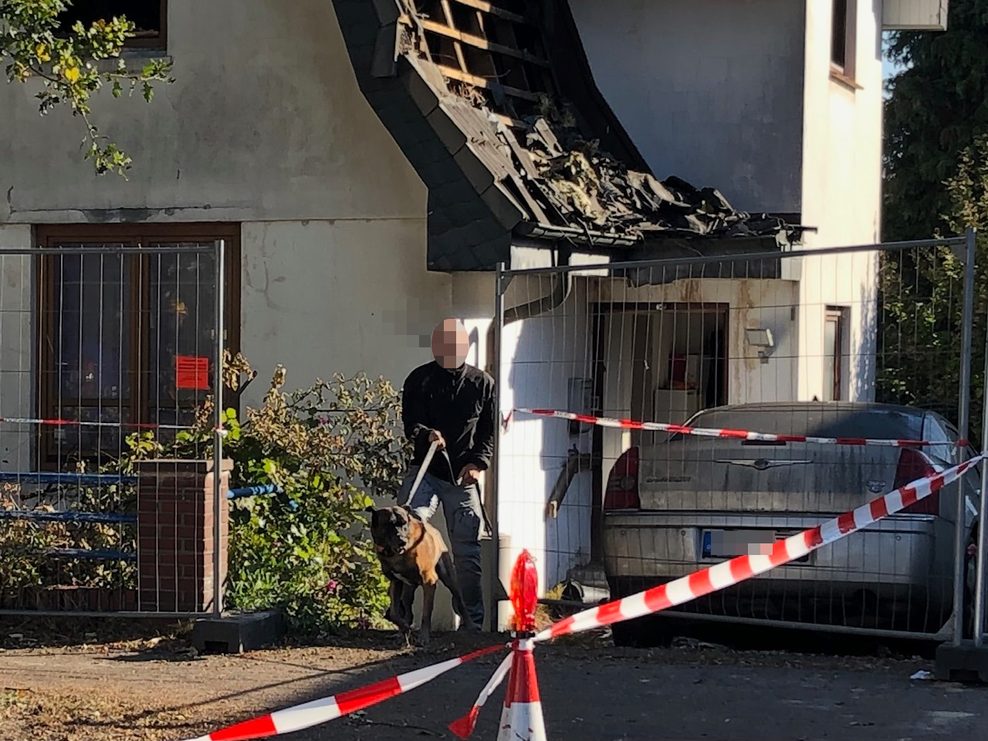 Ein Beamter kommt mit einem Spürhund aus dem Brandhaus in Pinneberg.