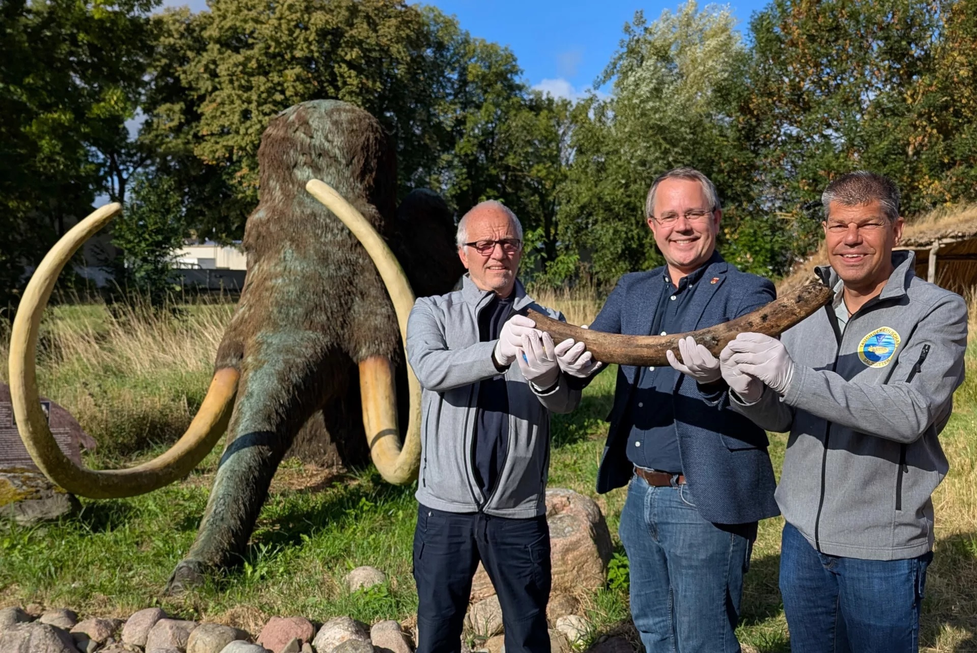 Die Taucher Harald Wiegleb (l.) und Jürgen Woelke (r.) präsentieren mit Museumsleiter Arne Homann den Stoßzahn eines Mammuts.
