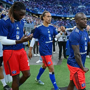 Jordan Torunarigha, Yussuf Poulsen und Jean-Luc Dompé beim Einlaufen ins Volksparkstadion