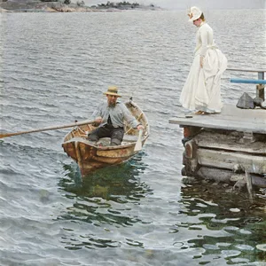 Aquarell eines Mannes auf einem Boot und einer Frau auf einem Bootssteg.