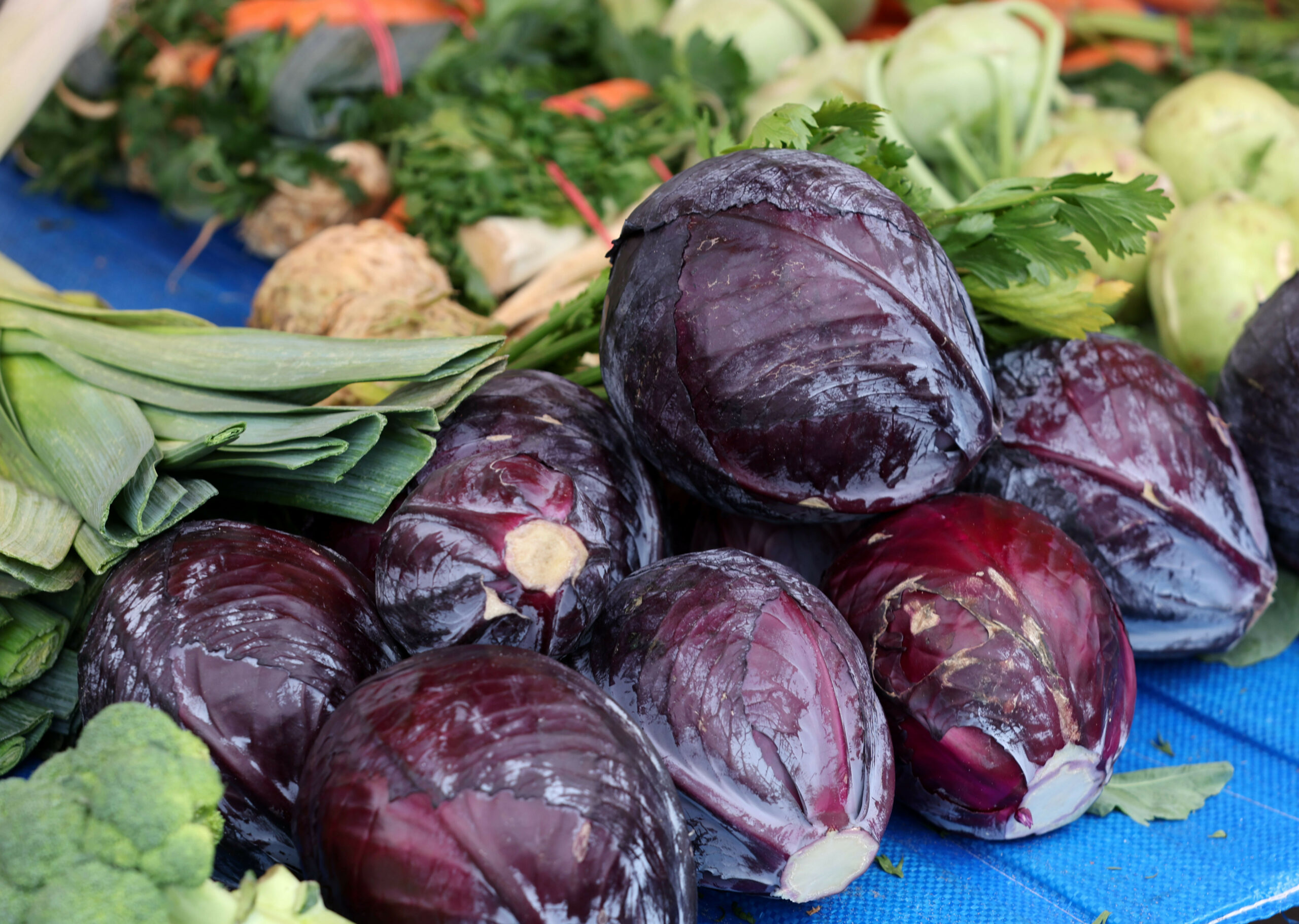 Obst und Gemüse liegt auf einem Verkaufsstand auf dem Wochenmarkt. Im Vordergrund liegt Rotkohl.