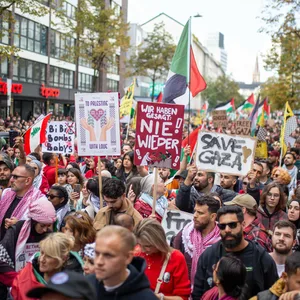 Propalästinensische Demonstration mit Plakaten und Fahnen