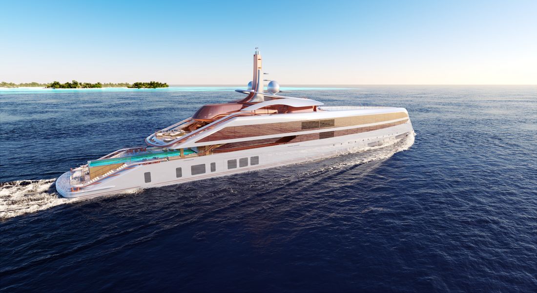 Planungsentwurf der neuen Superyacht mit 114 Meter Länge. Ansicht auf offenem Meer.