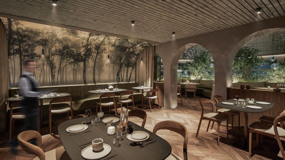 Das Restaurant ist in Natur-Tönen wie Grün, Braun und Beige gehalten (Visualisierung).