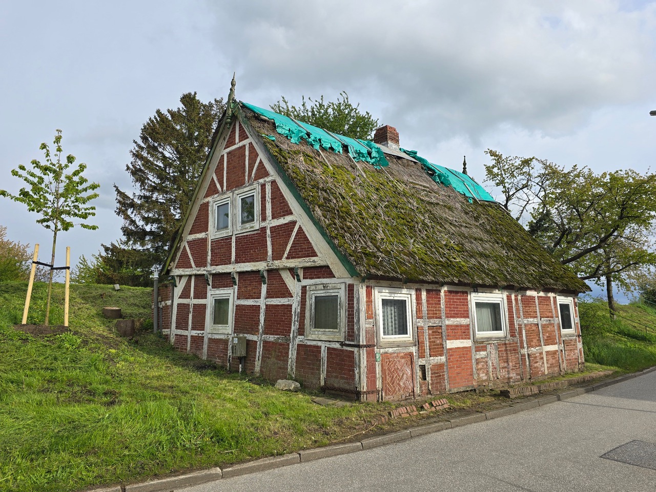 Das alte Fachwerkhaus steht direkt an der Straße und ist von vielen Bäumen und Büschen umgeben. Ein paar Fenster sind mit Holz abgedeckt und die Balken am Haus sind marode. Auf dem Dach liegt eine blaue Plane.