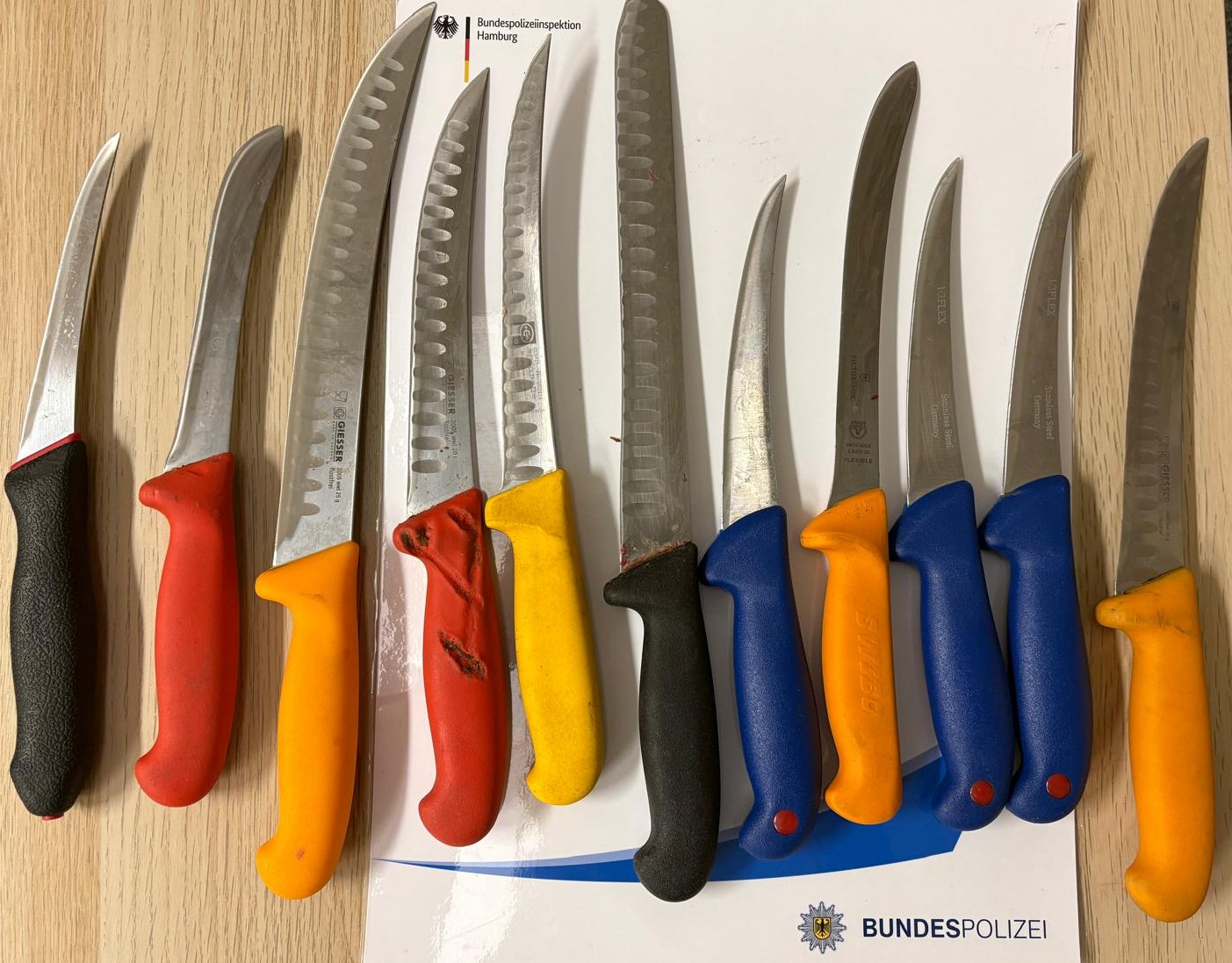 Elf Küchenmesser liegen nebeneinander