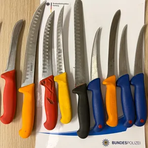 Elf Küchenmesser liegen nebeneinander