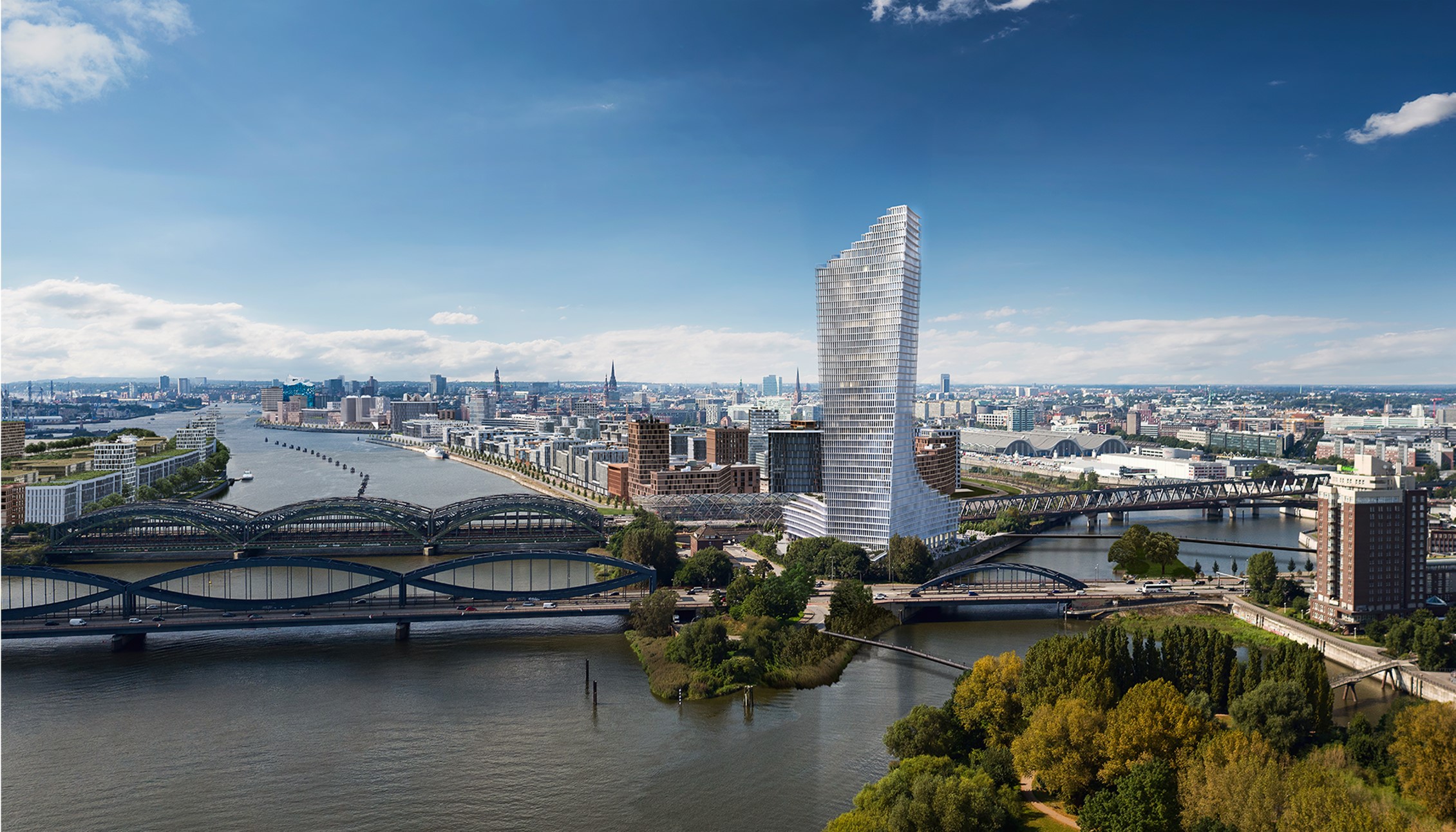 So wie in dieser Visualisierung soll der auf knapp 200 Meter verkürzte Elbtower nach Fertigstellung aussehen.