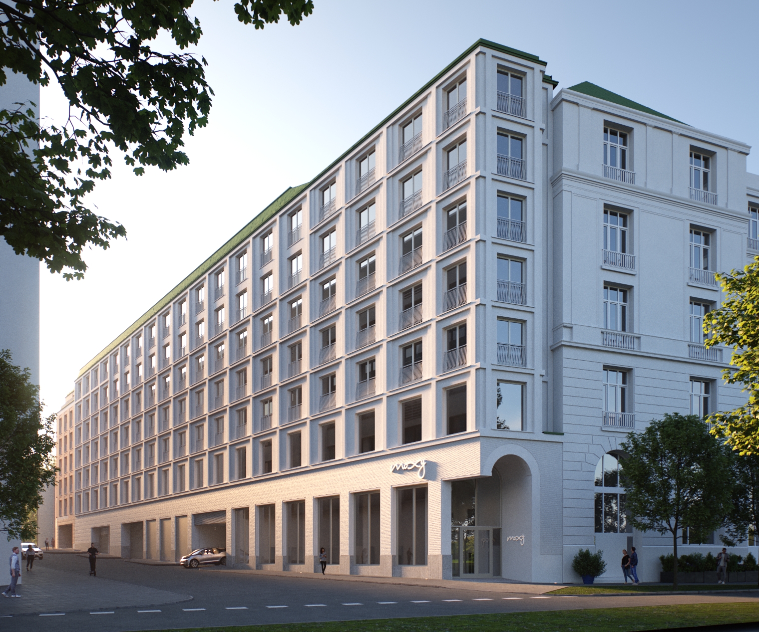 Das Foto zeigt eine weiße Hotelfassade. So soll das fertige Moxy am Ende aussehen.