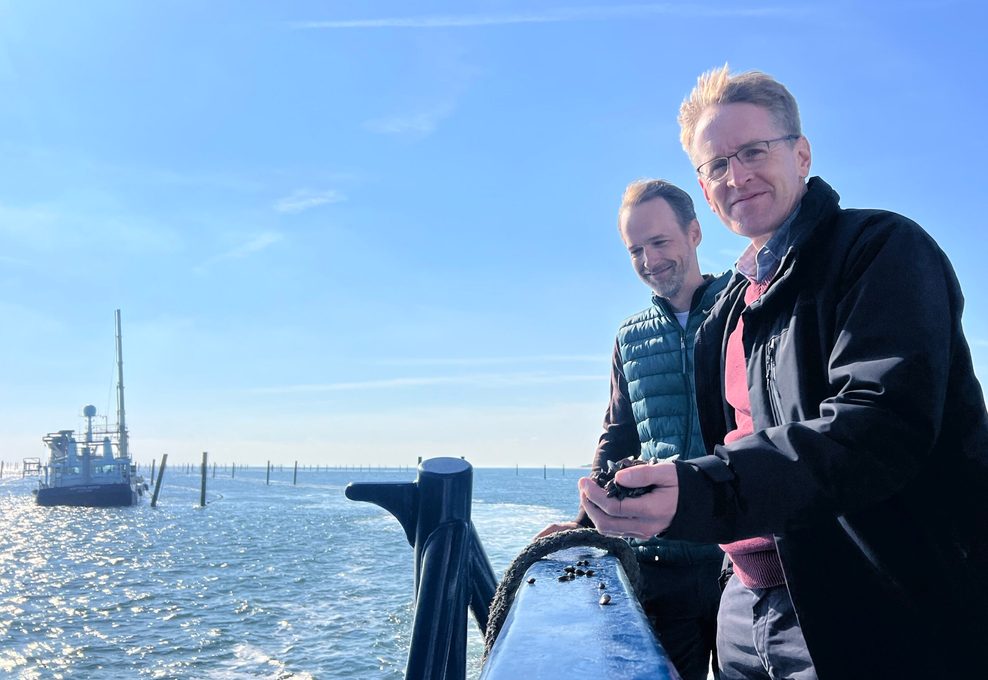 Schleswig-Holsteins Ministerpräsident Daniel Günther (CDU, r) steht an Bord eines Muschelkutters und hält junge Miesmuscheln in der Hand. Der Hörnumer Hafen ist seit Jahren sanierungsbedürftig.