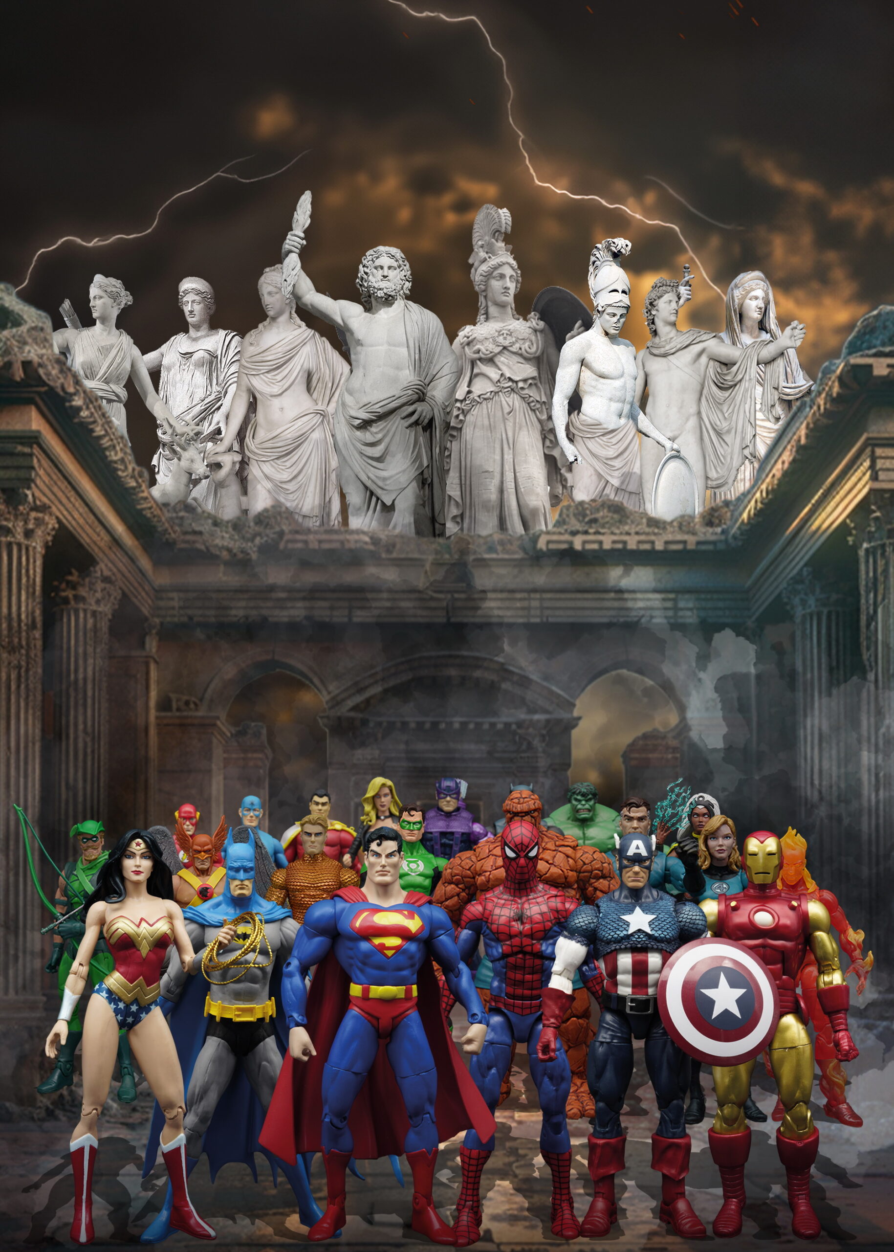 Superhelden-Figuren stehen nebeneinander