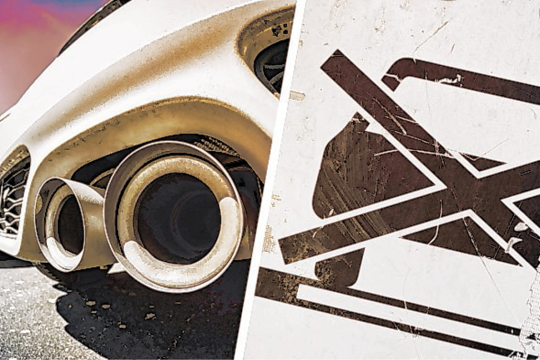 Eine Collage aus einem Auspuff und einem durchgestrichenen Pkw-Symbol.