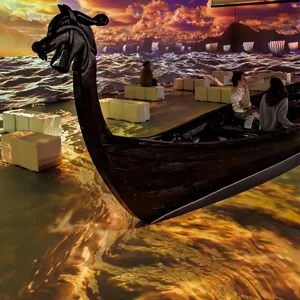 Ein Drachenboot in einer Halle mit Projektionen des Meeres an den Wänden