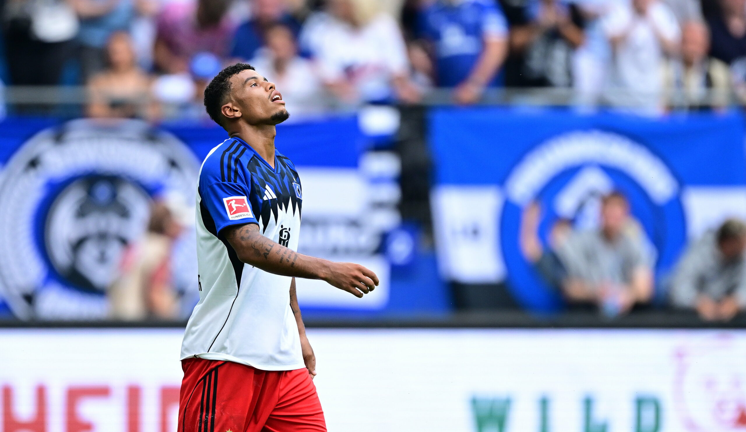 Ransford Königsdörffer schaut auf dem Spielfeld nach oben