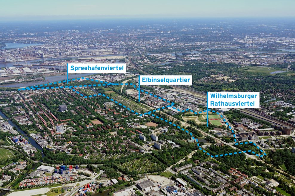 Luftansicht des Spreehafenviertels, Elbinselquartiers und des Wilhelmsburger Rathausviertels