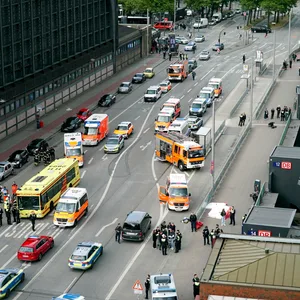 Polizeifahrzeuge auf der Straße am Hamburger Hauptbahnhof bei einer Messerstecherei auf Gleis 13 und 14 am 23.05.2025.