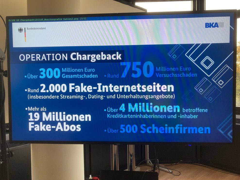 Informationen zur „Operation Chargeback“ sind im Rahmen einer Pressekonferenz auf einem Bildschirm zu sehen. Rund 250 Beamte waren im Rahmen der Operation an einer Razzia beteiligt.