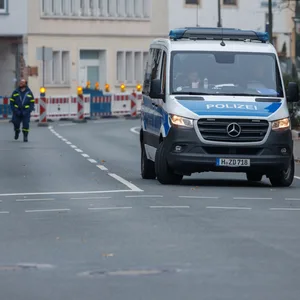 Ein Fahrzeug der Polizei steht auf einer gesperrten Straße.