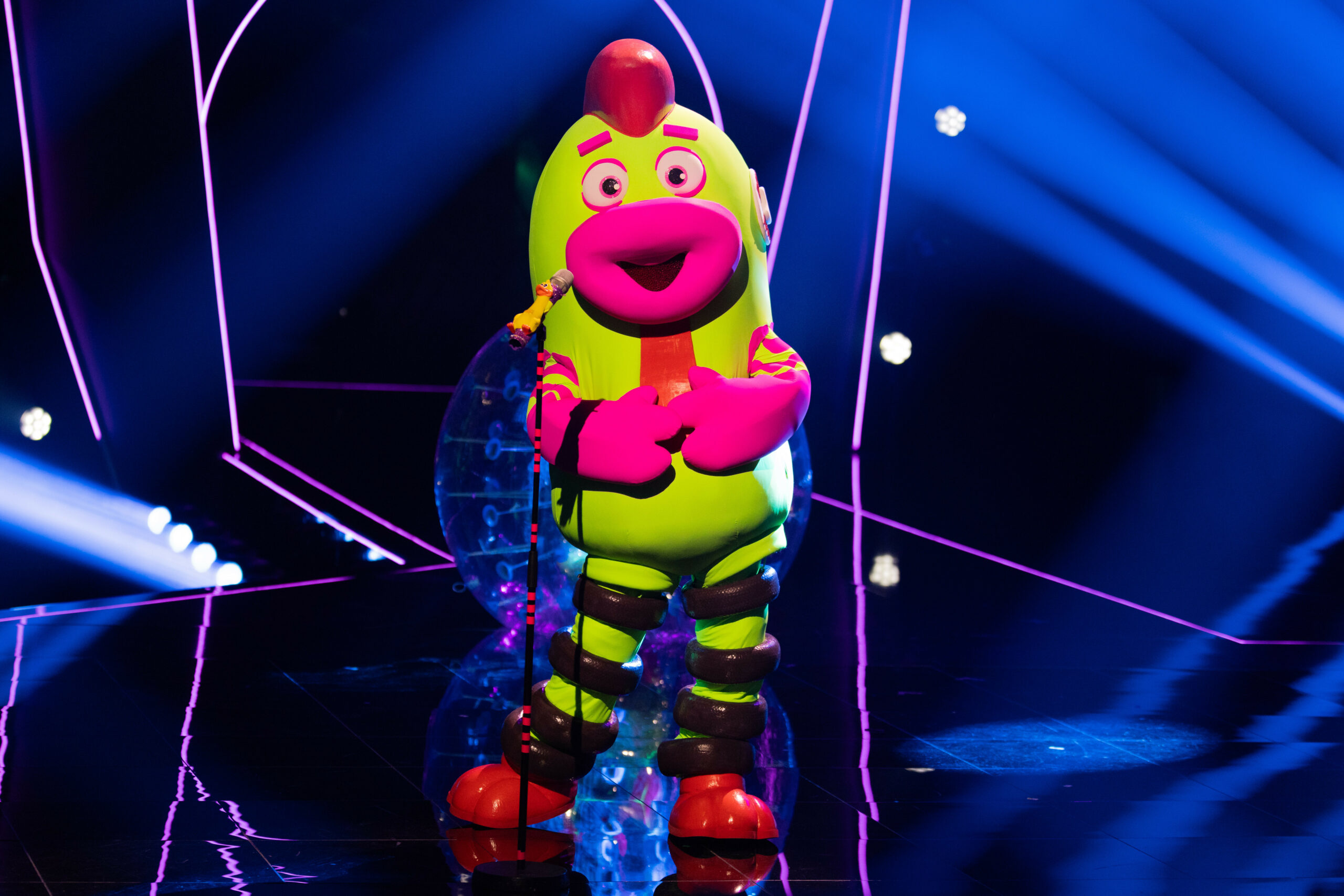 Die Figur „Quietsch“ steht in der ProSieben-Show „The Masked Singer“ auf der Bühne.