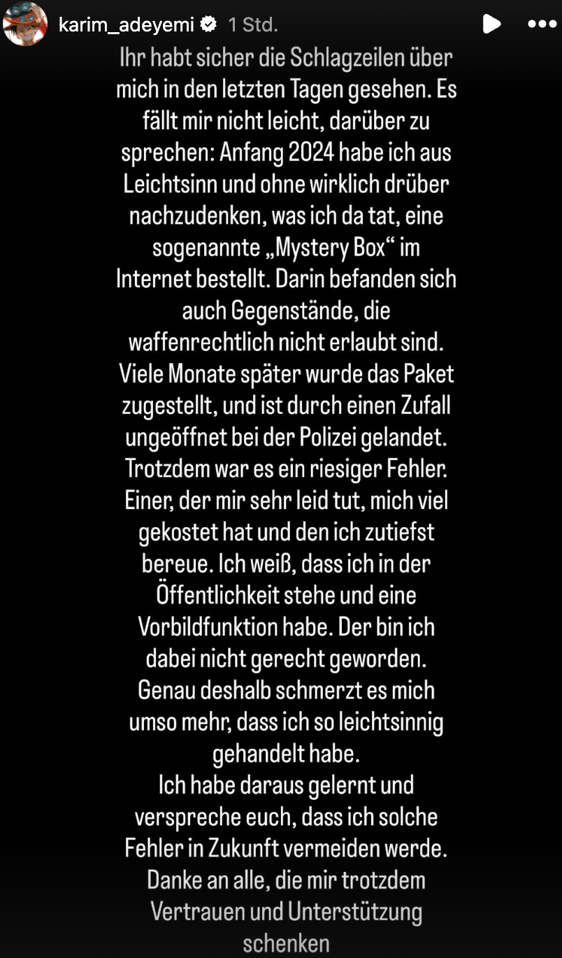 Karim Adeyemis Statement zu seinem Strafbefehl wegen illegalem Waffenbesitz