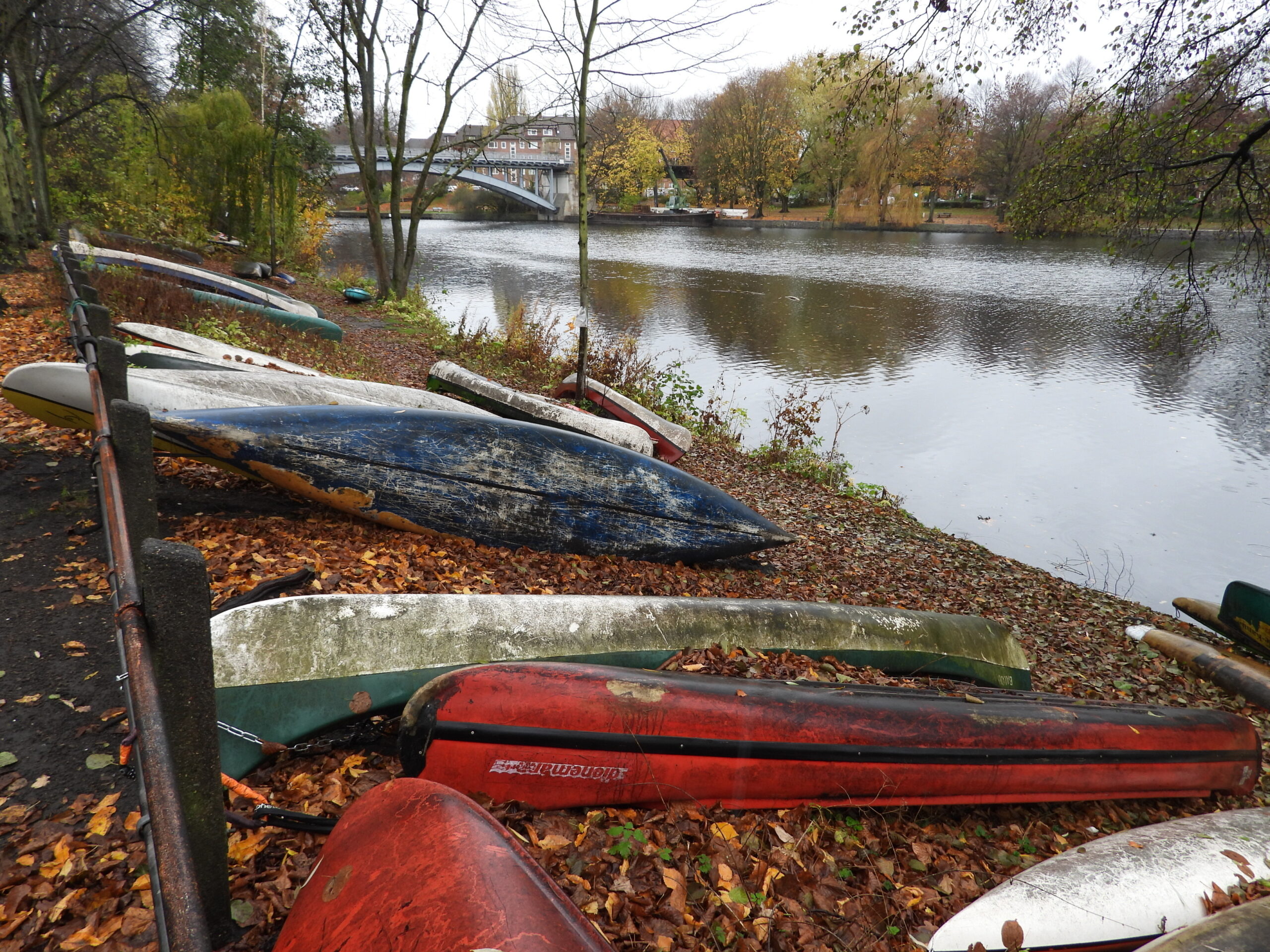 Alte Kanus liegen am Ufer der Alster.