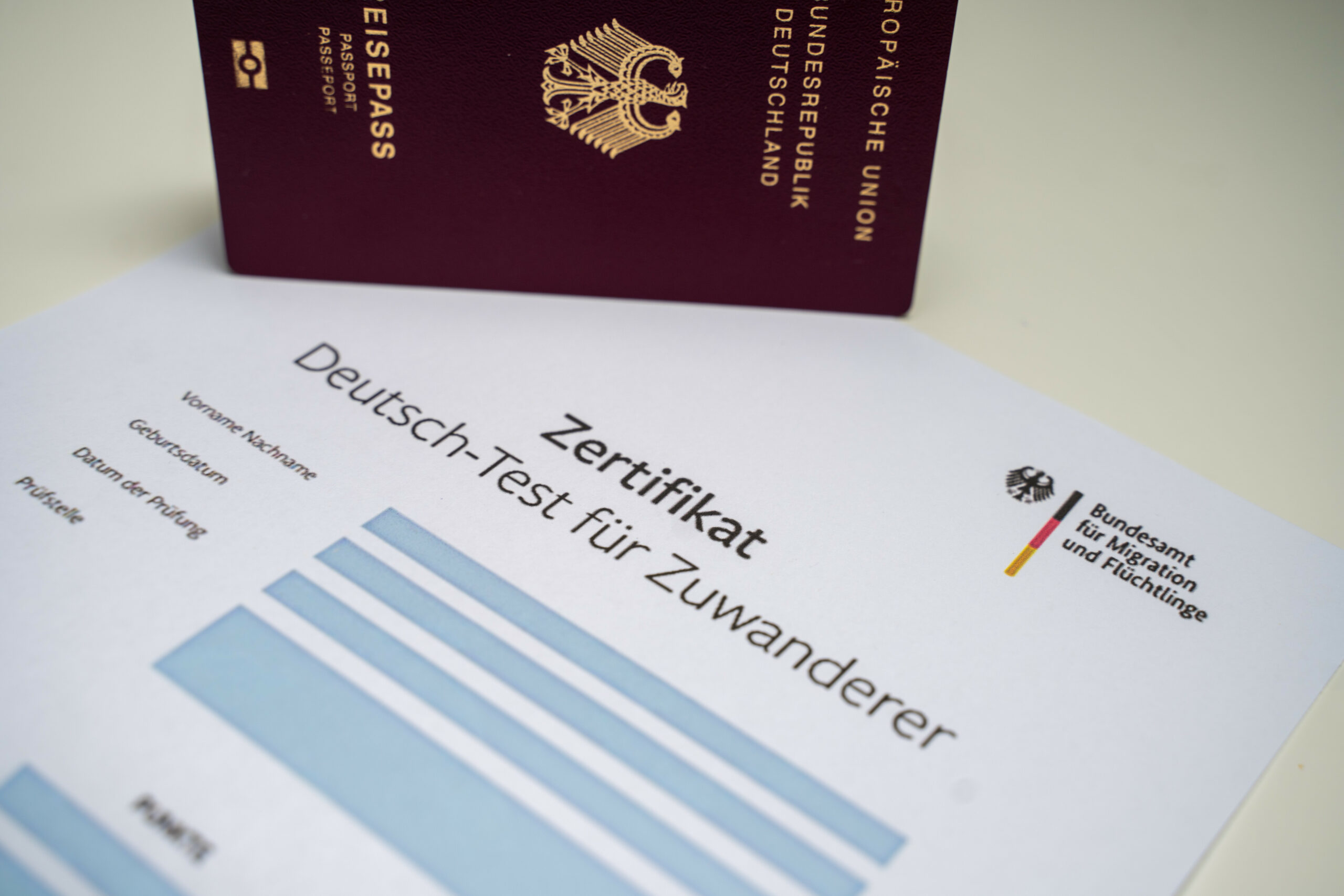 Themenbild - Zertifikat Deutsch-Test fuer Zuwanderer und deutscher Reisepass