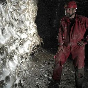 Ein Wissenschaftler vor dem riesigen Spinnennetz in einer Höhle an der Grenze zwischen Griechenland und Albanien.