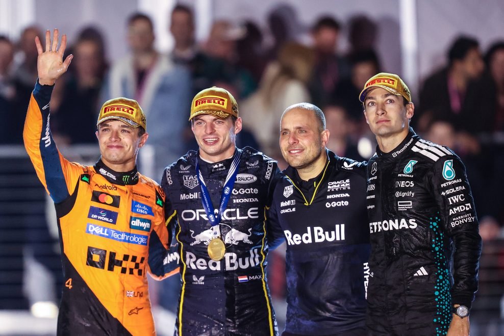 Lando Norris, Max Verstappen und George Russell