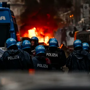 Neapolitanische Polizisten stehen in der Innenstadt vor brennenden Autos und randalierenden Eintracht-Frankfurt-Fans.