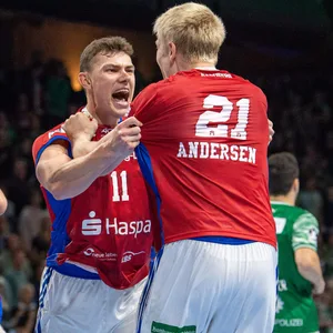 Furios: Beim sensationellen 39:38-Sieg gegen Meister Berlin warf Nicolaj Jørgensen (l.) neun Tore, Frederik Bo Andersen sieben.