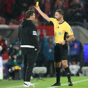 Schiedsrichter Daniel Schlager zeigt HSV-Trainer Merlin Polzin in Köln die Gelbe Karte.