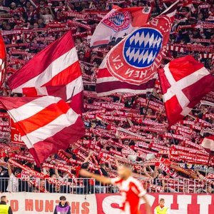 Fans des FC Bayern, in der Südkurve der Allianz Arena, halten Schals und Fahnen hoch