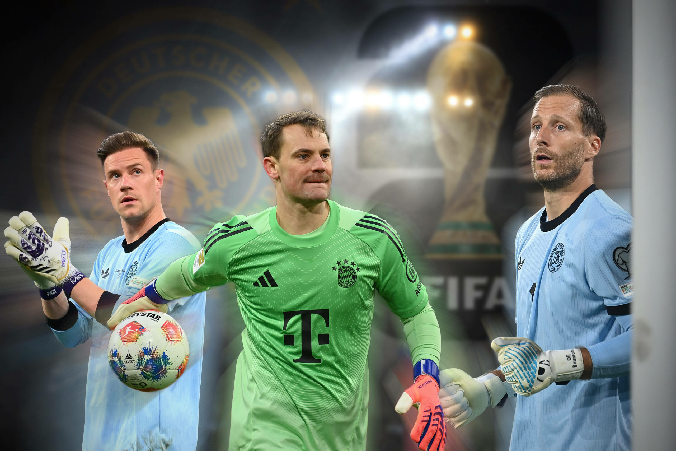 Marc-André ter Stegen, Manuel Neuer und Oliver Baumann auf einer Fotomontage mit DFB-Logo und WM-Pokal im Hintergrund